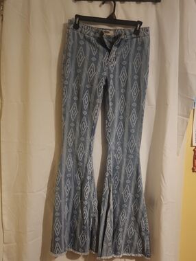Aztec Pattern Flared Jeans - Light Blue & White